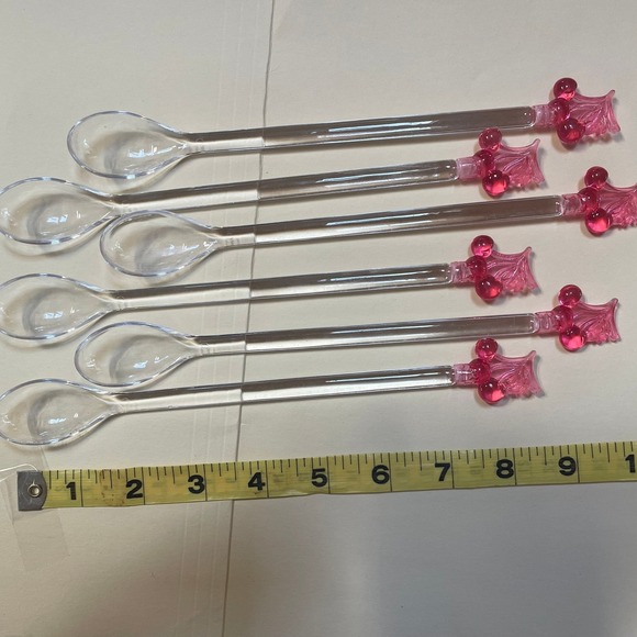 Vintage Plastic‎ Cherry Top Swizzle Spoons Stir Sticks Set of 6 – 8" - Picture 2 of 4
